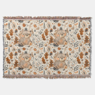 Cute Autumn Bear & Woodland Foliage Pattern Throw Blanket