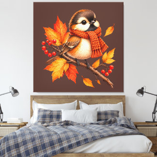 Cute Autumn Bird with Cozy Scarf – Fall Leaves  Canvas Print