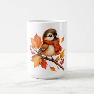 Cute Autumn Bird with Cozy Scarf – Fall Leaves  Coffee Mug