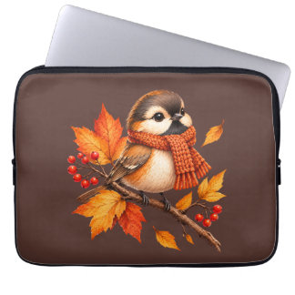 Cute Autumn Bird with Cozy Scarf – Fall Leaves  Laptop Sleeve