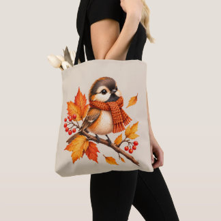 Cute Autumn Bird with Cozy Scarf – Fall Leaves  Tote Bag
