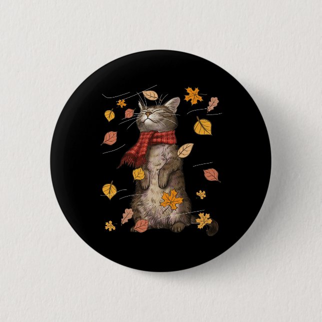 Cute Autumn Cat Fall Breeze Kitten Kitty Cat Lover 2 Inch Round Button (Front)