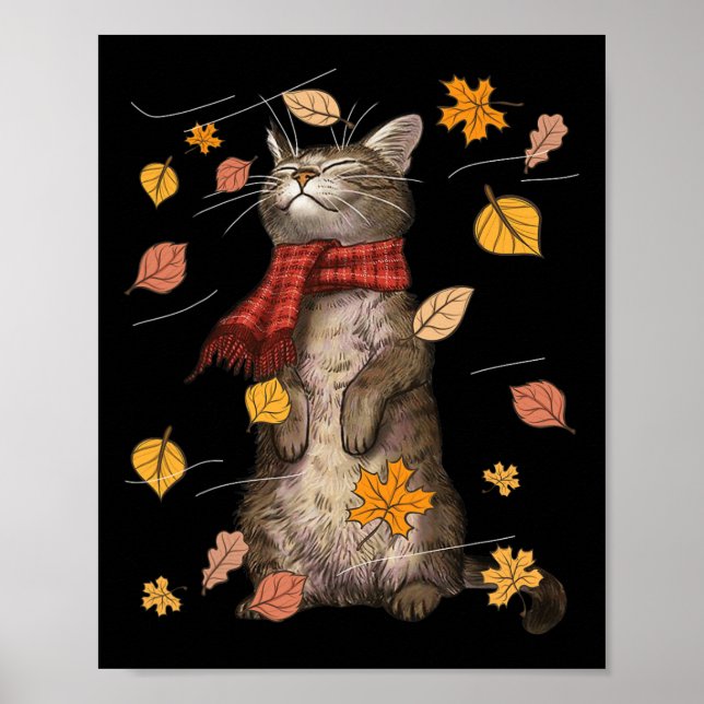 Cute Autumn Cat Fall Breeze Kitten Kitty Cat Lover Poster (Front)