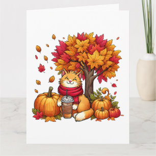 Cute Autumn Cat with Iced Coffee Pumpkins Card