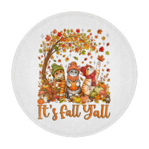 Cute Autumn Cats Leaves Pumpkin "It's Fall Y'All" Cutting Board