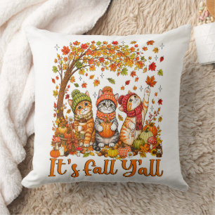 Cute Autumn Cats Leaves Pumpkin "It's Fall Y'All" Throw Pillow