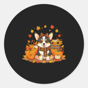 Cute Autumn Corgi Dog With Pumpkins And Plaid F Fa Classic Round Sticker