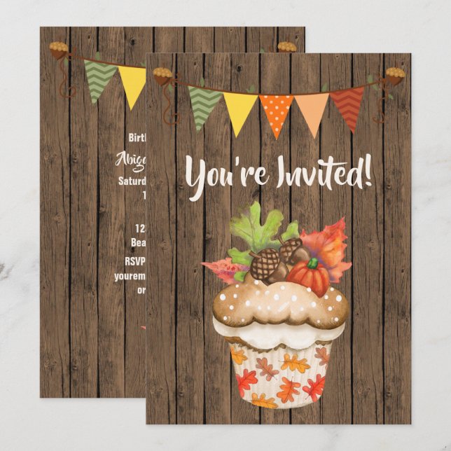 Cute Autumn Cupcake and Bunting Fall Birthday Invitation (Front/Back)