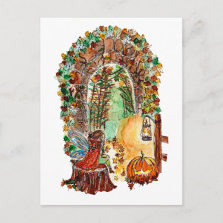 Cute Autumn Fairy Halloween Watercolor Postcard