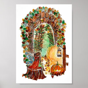 Cute Autumn Fairy Halloween Watercolor Poster