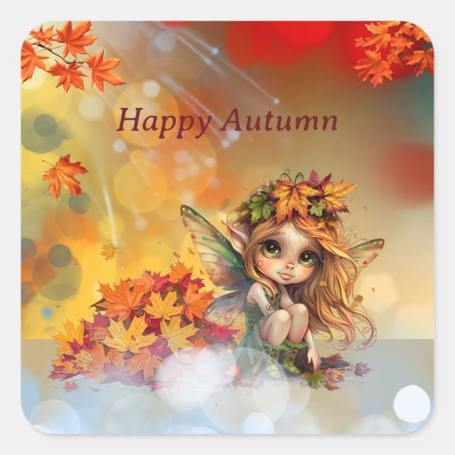 Cute Autumn Fairy with Fallen Leaves Square Sticker (Front)