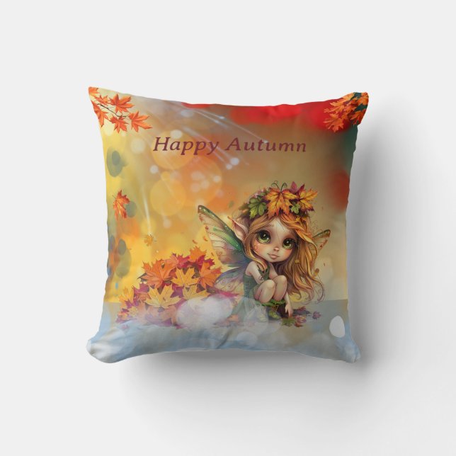 Cute Autumn Fairy with Fallen Leaves Throw Pillow (Front)