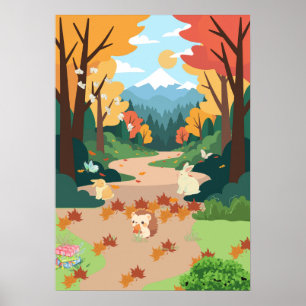 Cute Autumn Forest Animals Cozy Landscape Art Post Poster