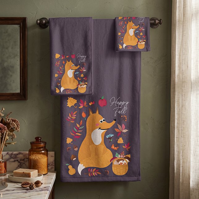 Cute autumn fox with custom text  bath towel set (Creator Uploaded)