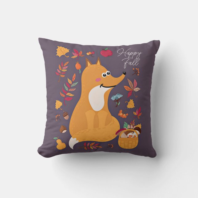 Cute autumn fox with custom text throw pillow (Front)