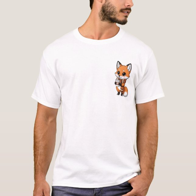 Cute Autumn Fox With Scarf Drinking Pumpkin Spice T-Shirt (Front)