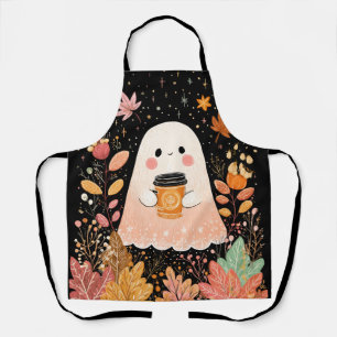 Cute Autumn Ghost with Pumpkin Coffee – Cozy Fall Apron