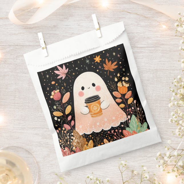Cute Autumn Ghost with Pumpkin Coffee – Cozy Fall  Favour Bag (Clipped)