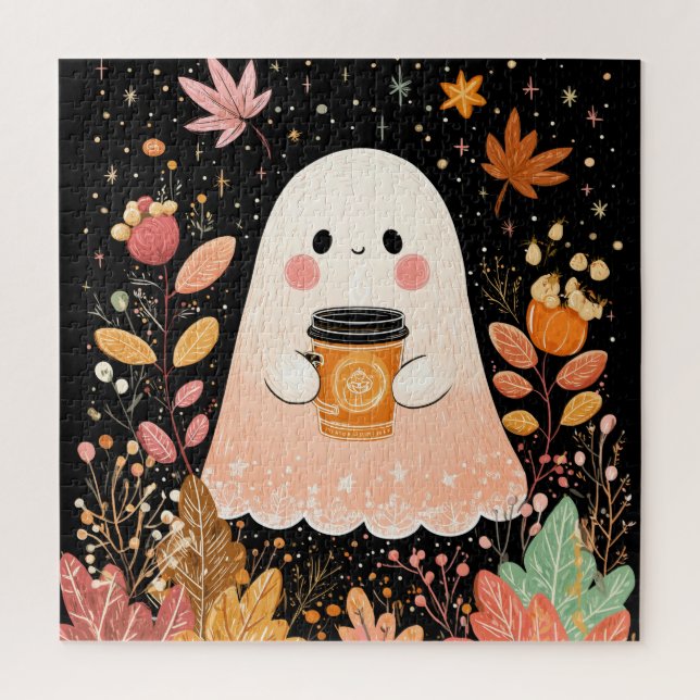 Cute Autumn Ghost with Pumpkin Coffee – Cozy Fall  Jigsaw Puzzle (Vertical)
