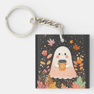 Cute Autumn Ghost with Pumpkin Coffee – Cozy Fall  Keychain