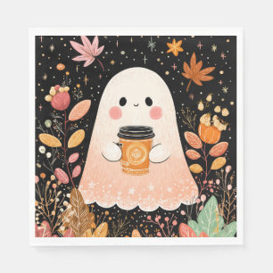 Cute Autumn Ghost with Pumpkin Coffee – Cozy Fall  Napkin