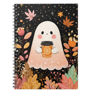 Cute Autumn Ghost with Pumpkin Coffee – Cozy Fall  Notebook
