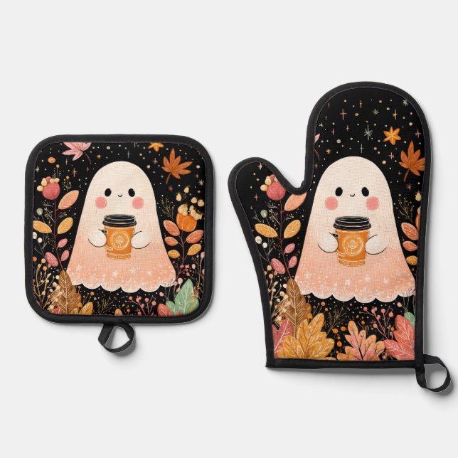 Cute Autumn Ghost with Pumpkin Coffee – Cozy Fall  Oven Mitt & Pot Holder Set (Front)