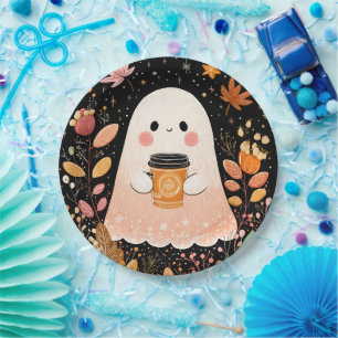 Cute Autumn Ghost with Pumpkin Coffee – Cozy Fall Paper Plate