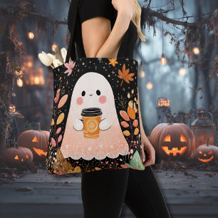 Cute Autumn Ghost with Pumpkin Coffee – Cozy Fall  Tote Bag