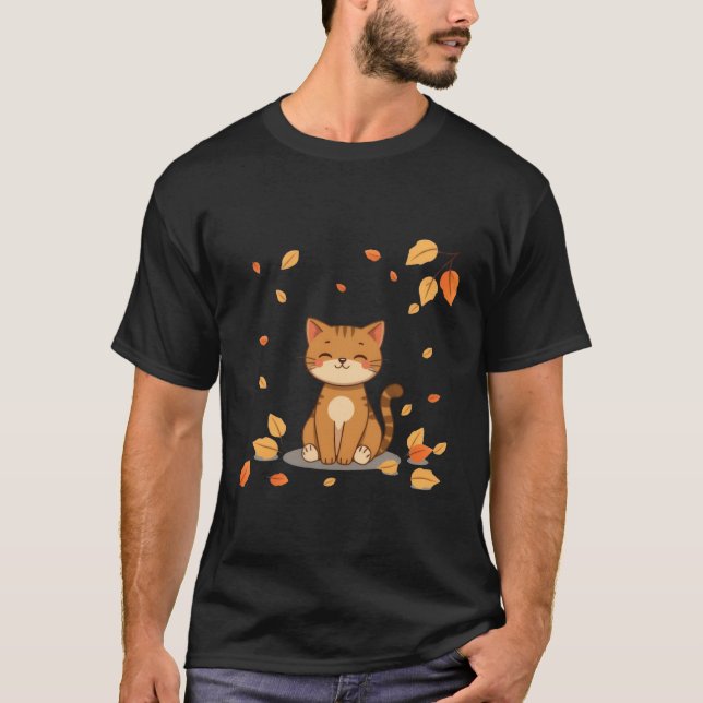 Cute Autumn Ginger Cat Falling Leaves Art ✨🐾🍂 T-Shirt (Front)