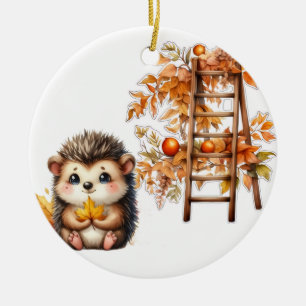 Cute Autumn Hedgehog with Harvest Ladder Illustrat Ceramic Ornament