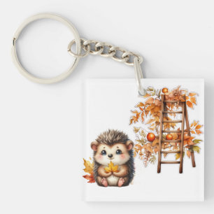 Cute Autumn Hedgehog with Harvest Ladder Illustrat Keychain