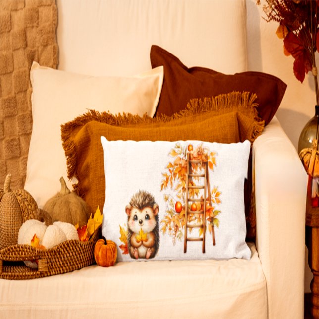 Cute Autumn Hedgehog with Harvest Ladder Illustrat Throw Pillow (Creator Uploaded)