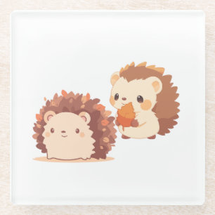 Cute Autumn Hedgehogs – Kawaii Fall Forest Animals Glass Coaster