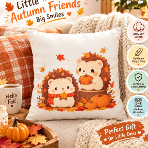 Cute Autumn Hedgehogs – Kawaii Fall Forest Animals Throw Pillow
