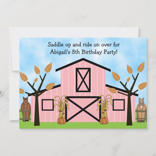 Cute Autumn Horses and Pink Barn Horse Birthday Invitation (Front)