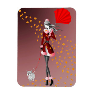 Cute Autumn Leave Winter Dog Walk Magnet