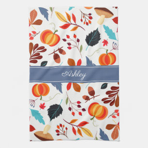 Cute Autumn Leaves Pumpkin Pattern & Your Name Kitchen Towel