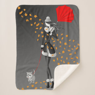 Cute Autumn Leaves Winter Dog Walk Grey  Sherpa Blanket