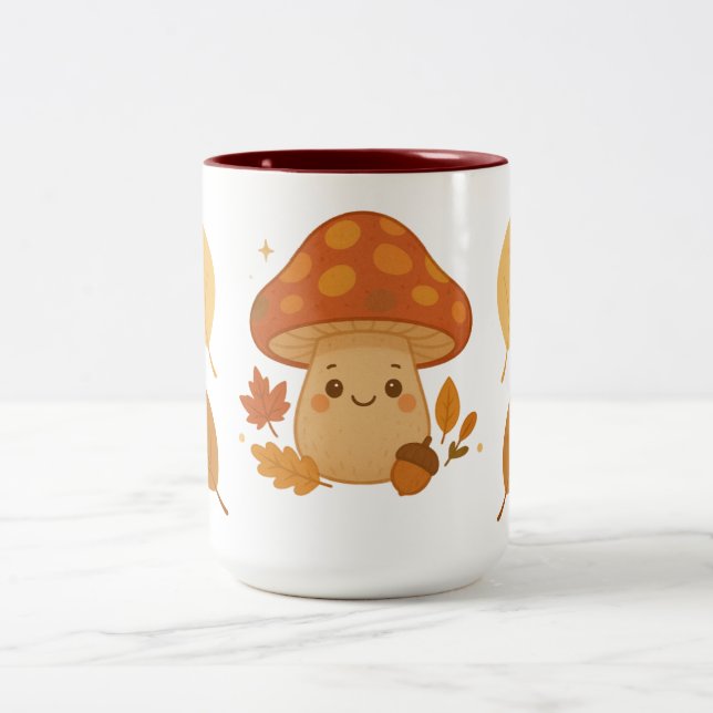 Cute Autumn Mushroom on Cozy Foliage Two-Tone Coffee Mug (Center)