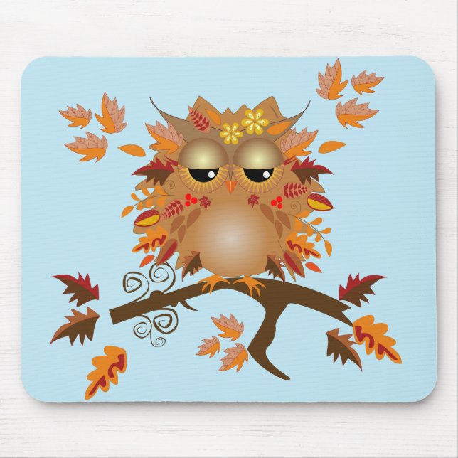 Cute Autumn owl on a branch Mouse Pad (Front)
