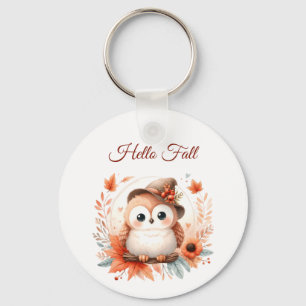 Cute Autumn Owl Sitting on a Branch Keychain