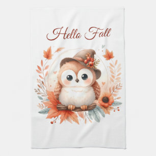 Cute Autumn Owl Sitting on a Branch Kitchen Towel