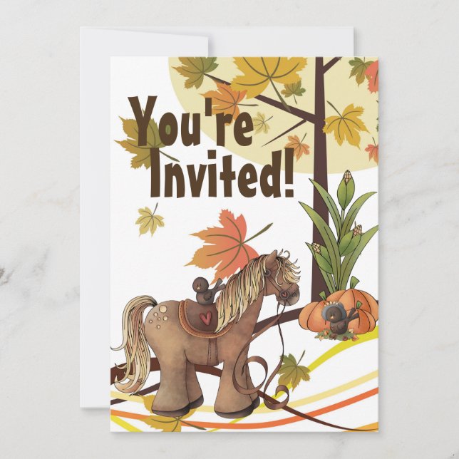 Cute Autumn Pony and Crows Fall Horse Birthday Invitation (Front)
