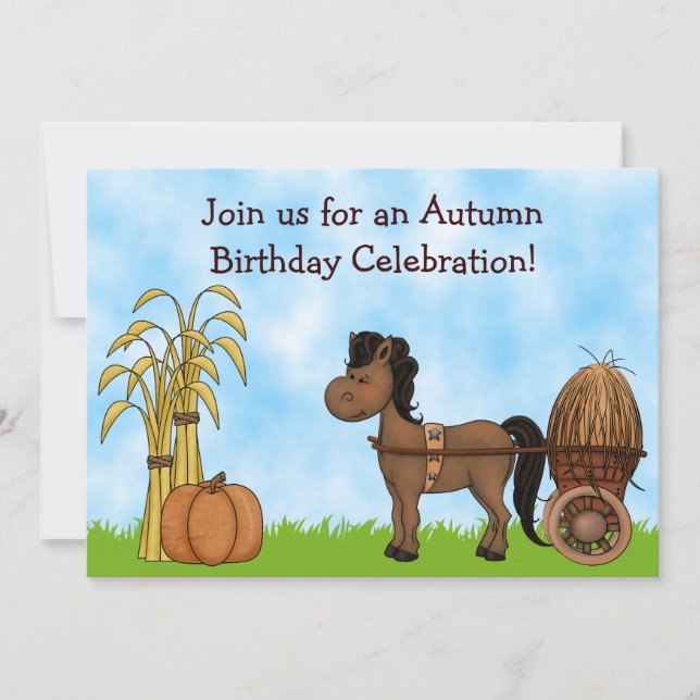 Cute Autumn Pony with Cart Fall Horse Birthday Invitation (Front)