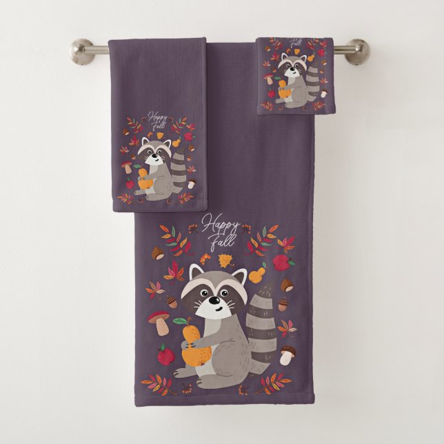 Cute autumn raccoon with custom text bath towel set (Insitu)