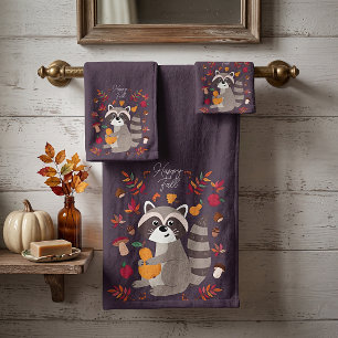 Cute autumn raccoon with custom text bath towel set