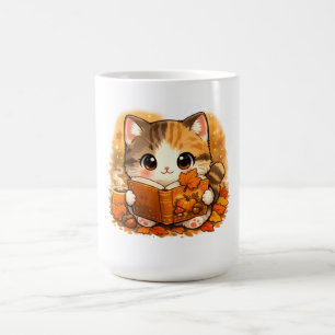 Cute Autumn Reading Kitty – Kawaii Cozy Fall Cat Coffee Mug