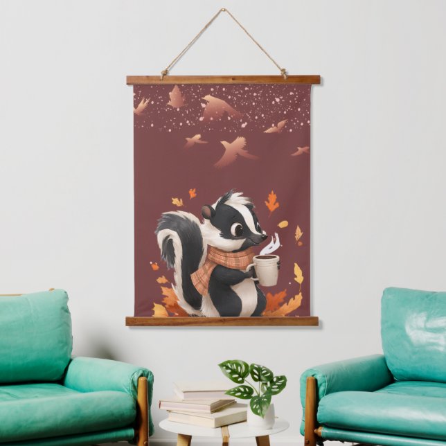Cute Autumn Skunk with Coffee Wall Tapestry - Cozy (Living Room)