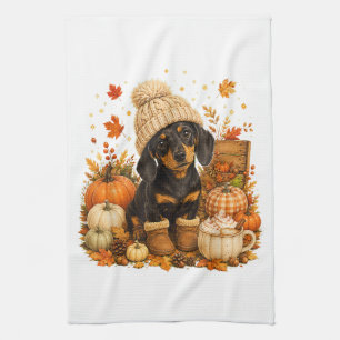 Cute Autumn Wiener Dog Thanksgiving Kitchen Towel